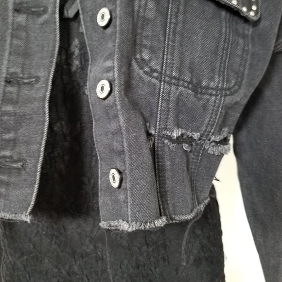 Forever 21 Jean Denim Jacket Coat S Black Distressed Stud Bling Gothic Punk Alt - Picture 6 of 12